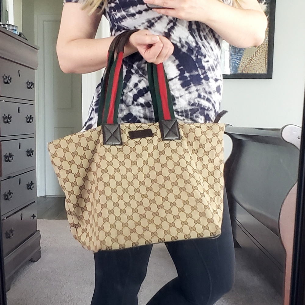 Gucci Beige GG Canvas Tote with Green and Red Striped Handles